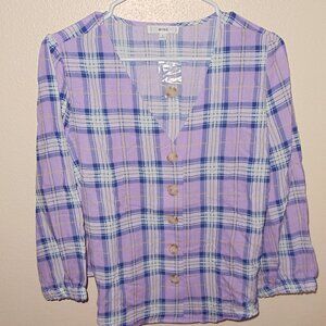 Purple plaid button blouse